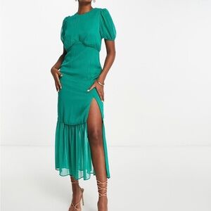 ASOS DESIGN pep hem midi dress with bubble sleeve in green
